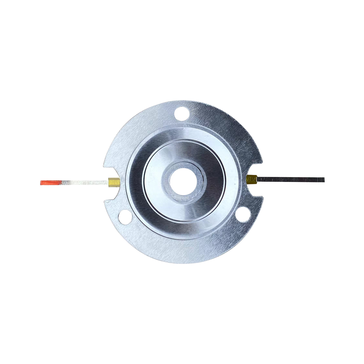 This circular metal component is a CVPXTD Replacement Tweeter Diaphragm from the CVPX Series for models like CVPX8, featuring a central hole, two opposite smaller holes, and black and red wires. Its shiny metallic finish indicates it’s used in electronic or mechanical assemblies.